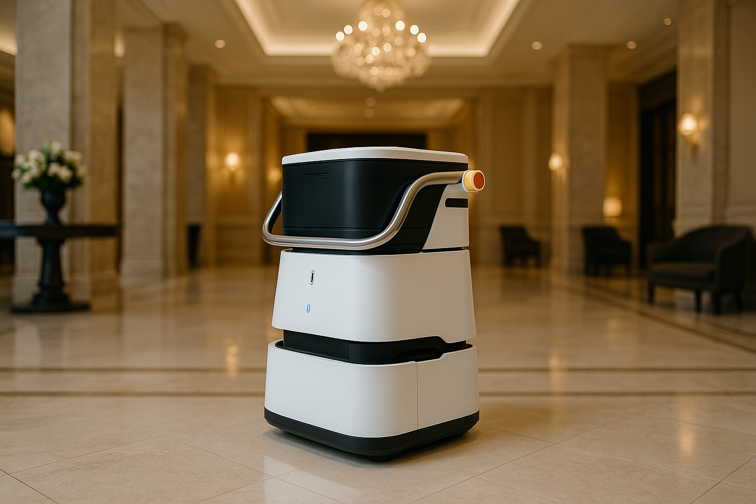 Modern service robot in a luxury hotel lobby with chandelier