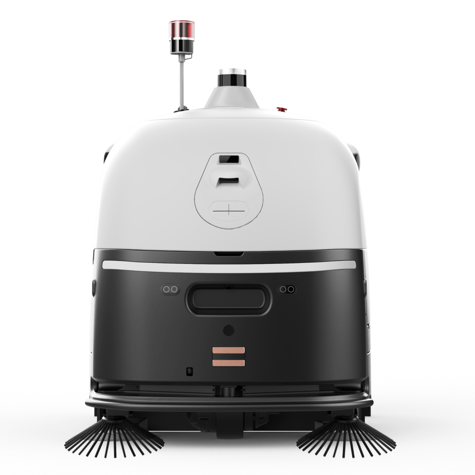 White industrial cleaning robot with dome sensors and cleaning brushes for autonomous facility maintenance