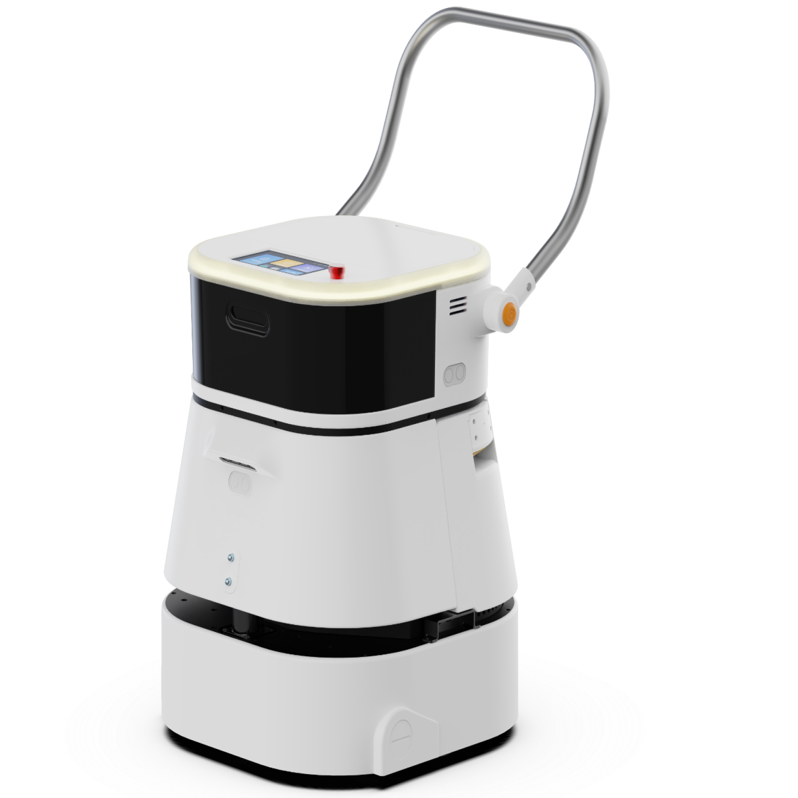 White and black cleaning robot with handle and control panel for medium surface cleaning