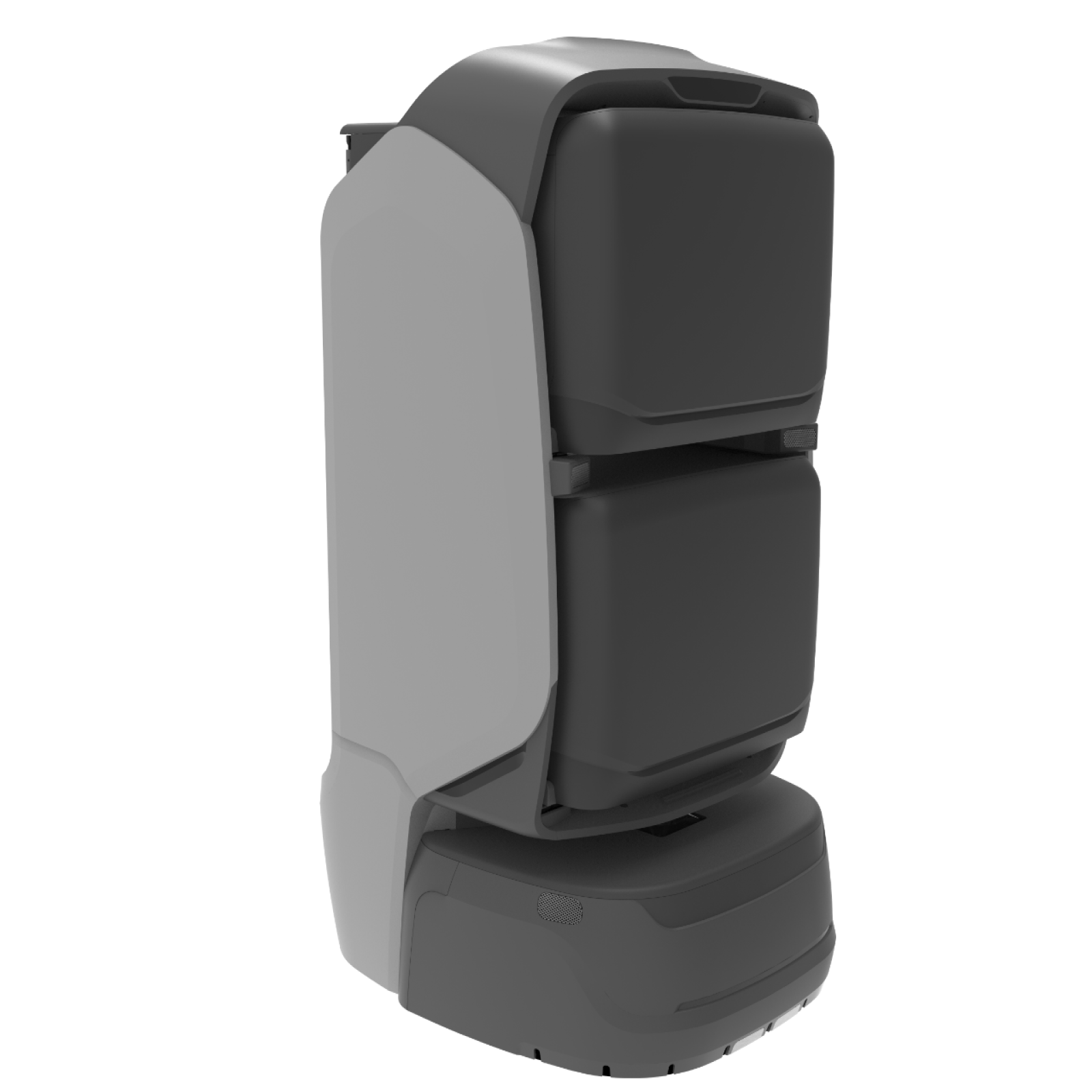 Gray multifunctional delivery robot with stacked compartments for transporting goods