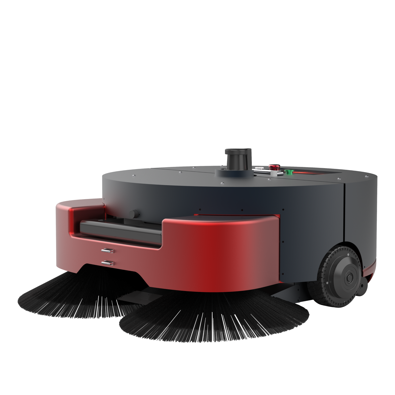 Red and gray autonomous sweeping robot with circular brushes for floor cleaning