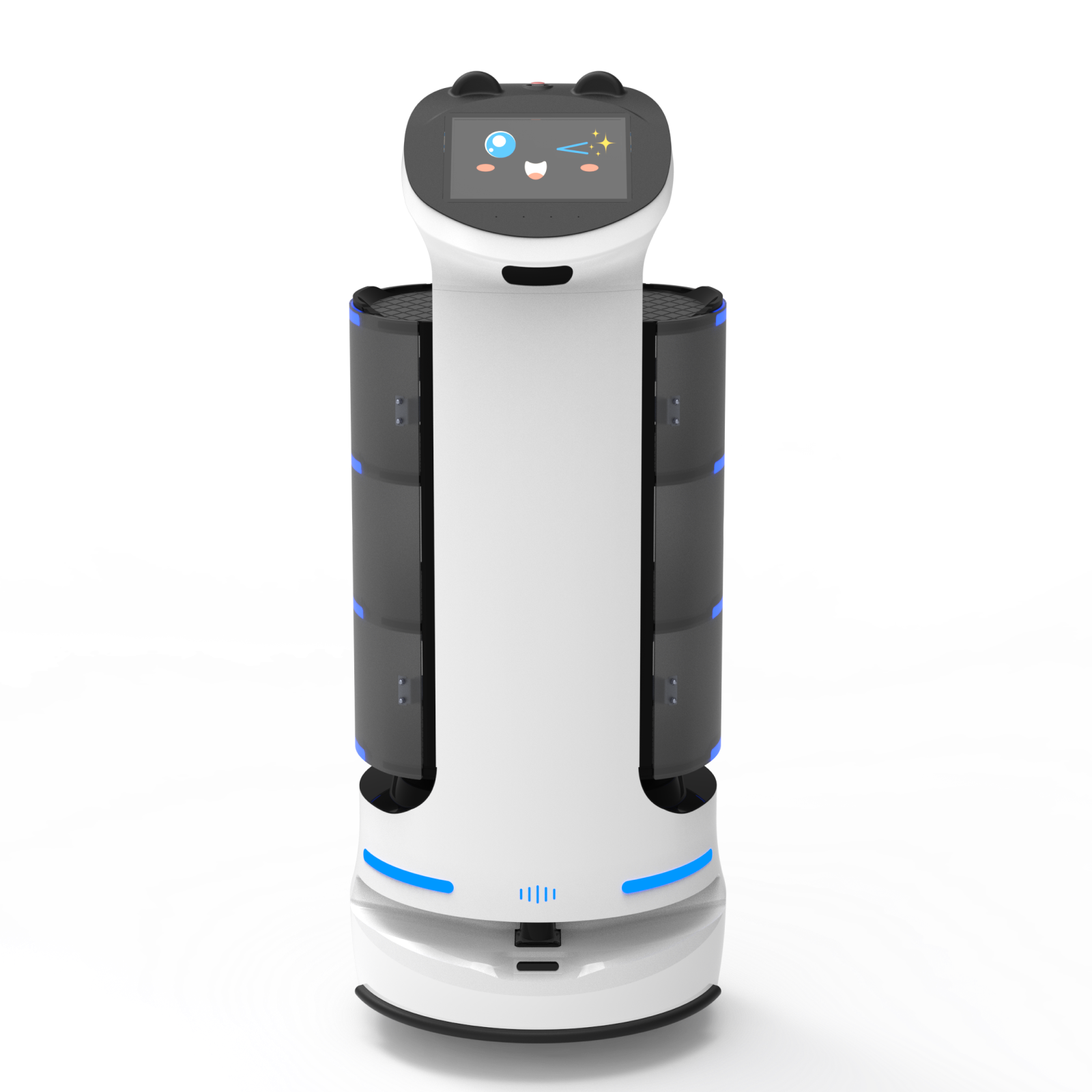 White service robot with friendly digital face display and multiple gray compartments for hospitality service